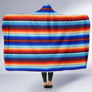 Blue and Orange Serape Style Striped Hooded Blanket With Fleece Lining