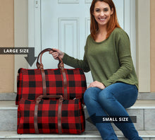 Load image into Gallery viewer, Red and Black Buffalo Plaid Travel Bag, Duffel Bag With Brown Faux Leather Handles
