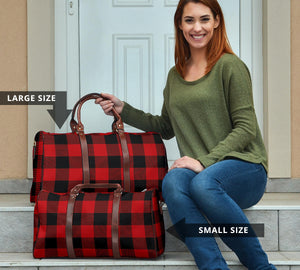 Red and Black Buffalo Plaid Travel Bag, Duffel Bag With Brown Faux Leather Handles