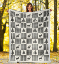 Load image into Gallery viewer, Winter Plaid Patchwork Pattern Fleece Blanket With Deer and Pine Trees

