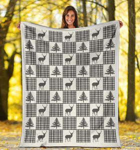 Winter Plaid Patchwork Pattern Fleece Blanket With Deer and Pine Trees