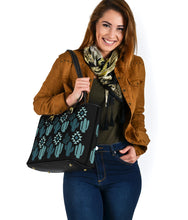 Load image into Gallery viewer, Teal Boho Cactus Pattern Faux Leather Tote Bag
