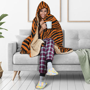 Tiger Print Orange Hooded Blanket With Sherpa Lining Animal Skin