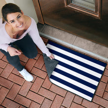 Load image into Gallery viewer, Navy and White Striped Doormat Welcome Mat Lake House DÃ©cor
