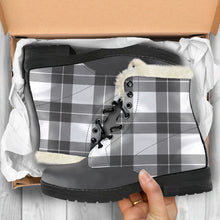 Load image into Gallery viewer, Gray and White Plaid Faux Fur Lined Vegan Leather Boots With Gray Toe
