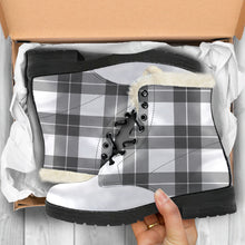 Load image into Gallery viewer, Gray and White Plaid Faux Fur Lined Vegan Leather Boots With White Toe
