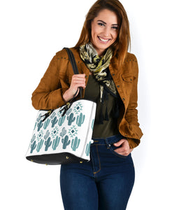Teal Boho Cactus Pattern Faux Leather Tote Bag
