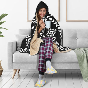 Black and White Ethnic Pattern Tribal Hooded Blanket With Sherpa Lining