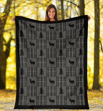 Load image into Gallery viewer, Gray and Black Plaid With Buck and Pine Trees Rustic Patchwork Pattern Fleece Throw Blanket
