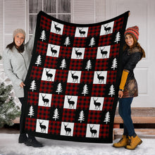 Load image into Gallery viewer, Black, White and Red Buffalo Plaid With Buck and Pine Tree Patchwork Pattern Fleece Throw Blanket
