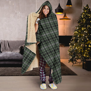 Green Plaid Tartan Hooded Blanket With Tan Sherpa Lining