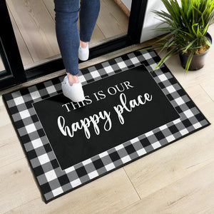 This is our happy place black and white buffalo plaid door mat