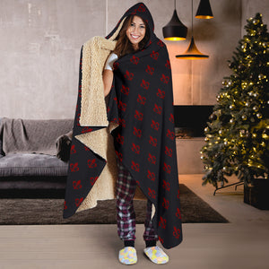 Black With Red Fleur De Lis Hooded Blanket With Sherpa Lining