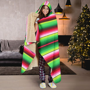 Green and Red Serape Style Hooded Blanket With Tan Sherpa Lining