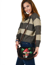 Load image into Gallery viewer, Black Saddle Bag With Mushroom and Fern Design
