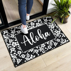 Aloha Black and White Hibiscus Hawaiian Pattern Door Mat