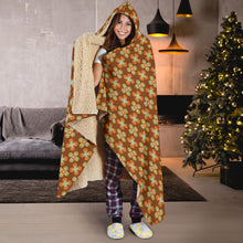 Load image into Gallery viewer, Brown With Orange and Green Retro Flower Pattern Hooded Blanket With Tan Sherpa Lining
