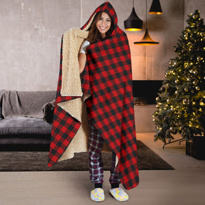 Red and Black Buffalo Plaid Hooded Blanket With Tan Sherpa Lining