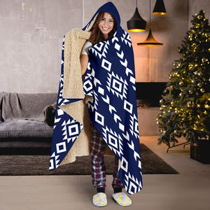Navy Blue With White Ethnic Tribal Pattern Hooded Blanket With Sherpa Lining