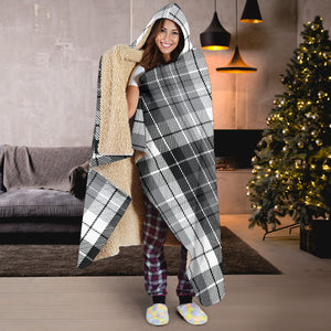 Gray, Black and White Plaid Tartan Hooded Blanket