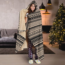 Load image into Gallery viewer, Light Stone Brown With Black Ethnic Tribal Pattern Hooded Blanket With Sherpa Lining
