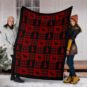 Red and Black Buffalo Plaid Deer Buck Pine Tree Patchwork Pattern Fleece Throw Blanket