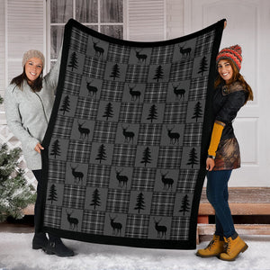 Gray and Black Plaid With Buck and Pine Trees Rustic Patchwork Pattern Fleece Throw Blanket