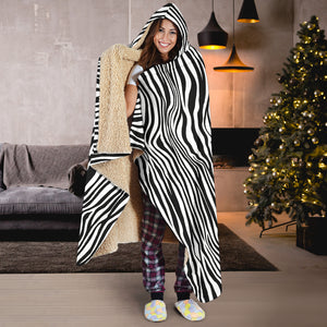 Zebra Print Hooded Blanket With Sherpa Lining Black and White