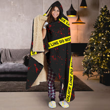 Load image into Gallery viewer, Crime Scene Police Caution Tape Hooded Blanket Black With Red Blood Spatter and Sherpa Lining
