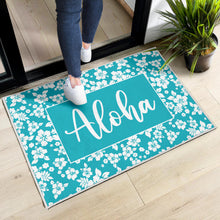 Load image into Gallery viewer, Aloha Hawaiian Hibiscus Teal and White Door Mat Welcome Mat
