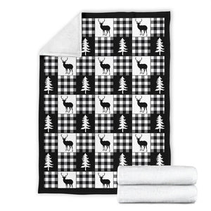 Black and White Buffalo Plaid With Deer and Pine Trees Pattern Fleece Throw Blanket