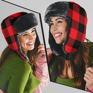 Red and Black Buffalo Plaid Trapper Hat With Faux Fur Lining