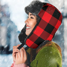 Load image into Gallery viewer, Red and Black Buffalo Plaid Trapper Hat With Faux Fur Lining
