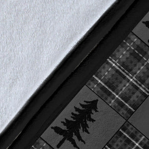 Gray and Black Plaid With Buck and Pine Trees Rustic Patchwork Pattern Fleece Throw Blanket