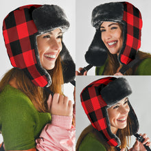 Load image into Gallery viewer, Red and Black Buffalo Plaid Trapper Hat With Faux Fur Lining
