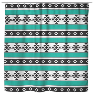 Turquoise, Black and White Ethnic Tribal Pattern Shower Curtain Oxford Clock 70" x 73"