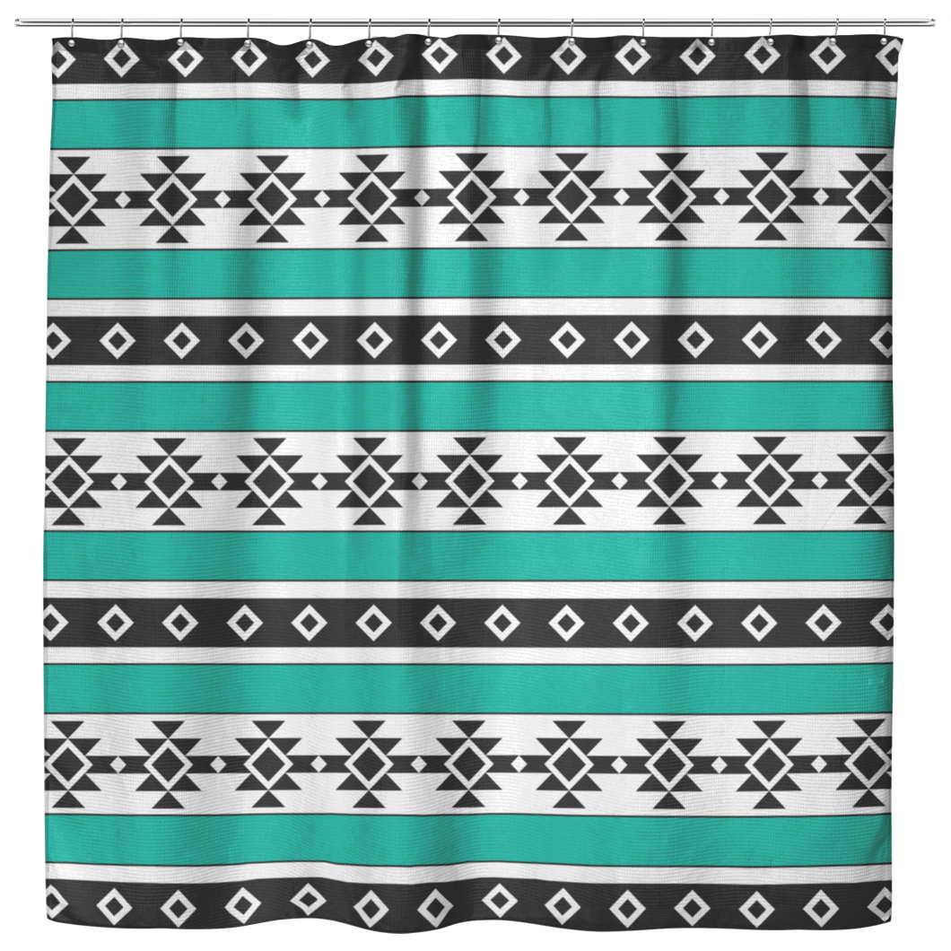 Turquoise, Black and White Ethnic Tribal Pattern Shower Curtain Oxford Clock 70
