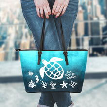 Load image into Gallery viewer, Sea Turtle Art Teal Blue Ombre Tote Bag Vegan Leather
