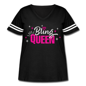 Bling Queen Striped Sleeve Women's Curvy V-Neck Vintage Sport T-Shirt Black - black/white