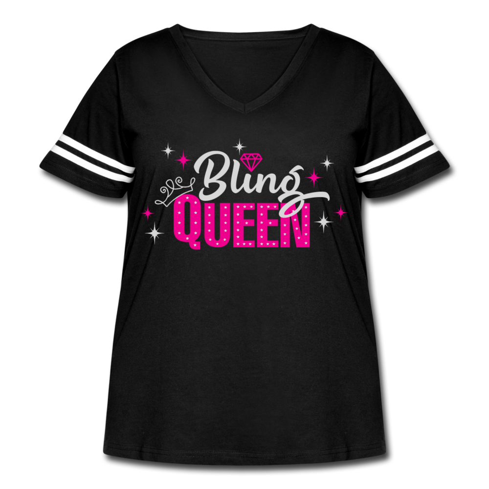 Bling Queen Striped Sleeve Women's Curvy V-Neck Vintage Sport T-Shirt Black - black/white