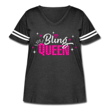 Load image into Gallery viewer, Bling Queen Striped Sleeve Women&#39;s Curvy V-Neck Vintage Sport T-Shirt Black - vintage smoke/white
