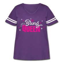 Load image into Gallery viewer, Bling Queen Striped Sleeve Women&#39;s Curvy V-Neck Vintage Sport T-Shirt Black - vintage purple/white
