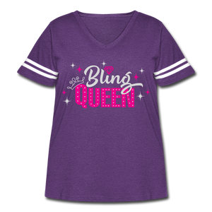 Bling Queen Striped Sleeve Women's Curvy V-Neck Vintage Sport T-Shirt Black - vintage purple/white