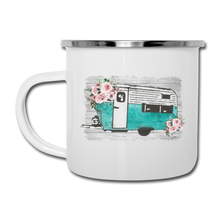 Load image into Gallery viewer, Rustic Teal Camper Design on White Enamel Camping Mug - white
