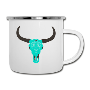 Turquoise Boho Cow Skull Camper Mug Enamel - white