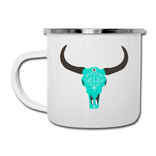 Load image into Gallery viewer, Turquoise Boho Cow Skull Camper Mug Enamel - white
