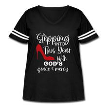 Load image into Gallery viewer, Stepping into this year with God&#39;s grace &amp; mercy retro style curvy V-neck tee - black/white
