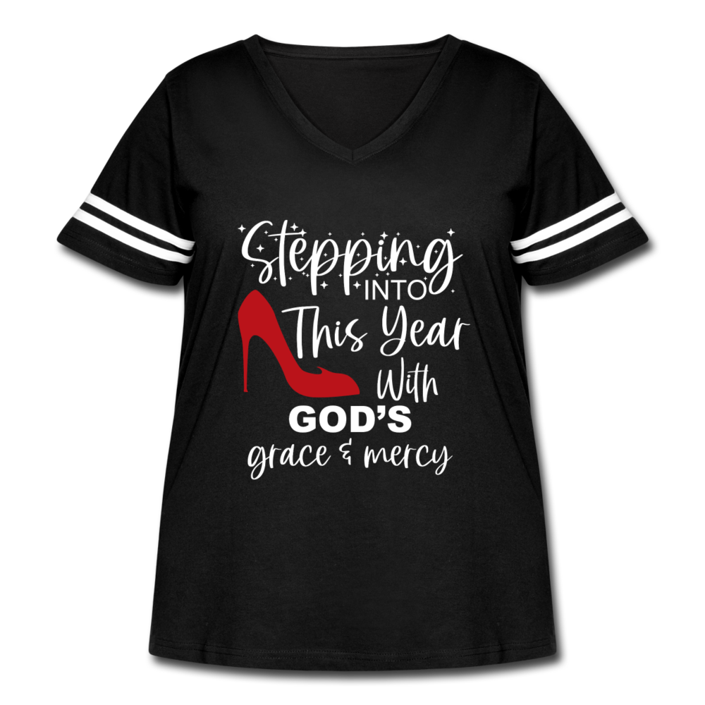 Stepping into this year with God's grace & mercy retro style curvy V-neck tee - black/white