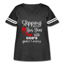Load image into Gallery viewer, Stepping into this year with God&#39;s grace &amp; mercy retro style curvy V-neck tee - vintage smoke/white
