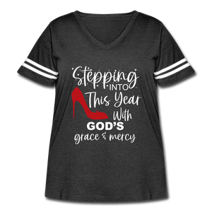 Stepping into this year with God's grace & mercy retro style curvy V-neck tee - vintage smoke/white